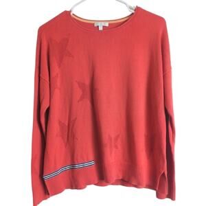 Oversized Cotton Casual Sweater Orange with Open Knit Stars Pattern Size Small